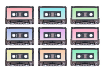 colored cassettes isolated background, music and art banner