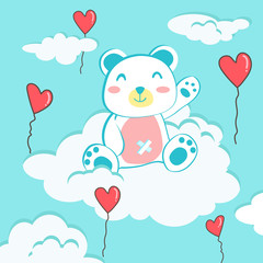 Obraz na płótnie Canvas Happy Valentine's Day with teddy bear on cloud, Valentines Day background with heart shape balloon, Valentine card and poster