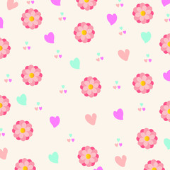 Romantic seamless Illustration with colorful hearts and pink flowers on a light pink background