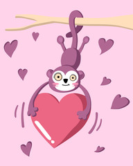 Happy Valentine's Day with monkey hanging on a branch, Valentines Day background, Valentine card and poster