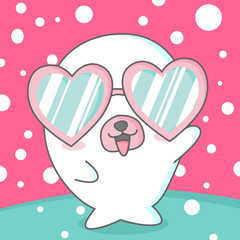 Happy Valentine's Day with cute baby seal in heart glasses, Valentines Day background, Valentine card and poster