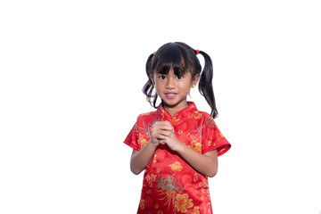 happy chinese new year. asian girl with Congratulation gesture
