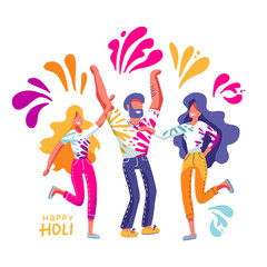 Fototapeta na wymiar Group of young people celebrates Holi. Men and women throw colored paint. Vector illustration in flat hand drawn style with lettering