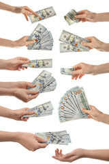 Collage of women with money on white background, closeup. American dollars