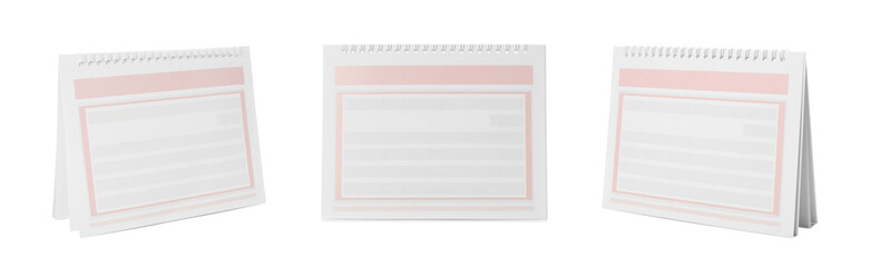 Collage of blank paper calendar on white background. Space for design