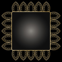 Decorative golden squared ornate frame on black background. Luxury mandala in ethnic style. Vintage floral illustration, art deco. Arabic, Islamic, moroccan, asian, indian native african motif.