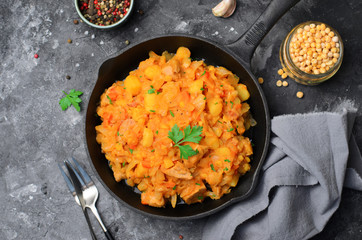 Cabbage and Pea Stew, Tasty Meal, Stew with Meat and Vegetables