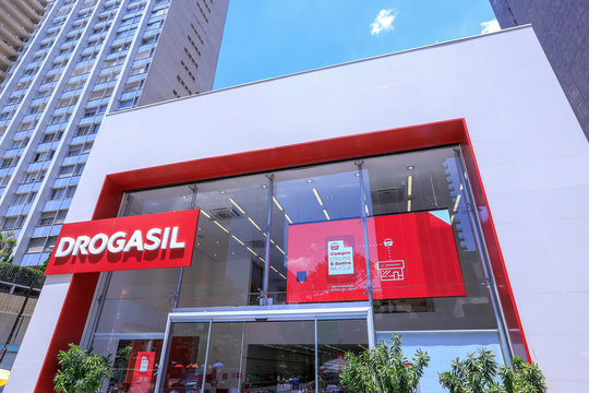 Sao Paulo, Brazil - Nov 03 2019: facade with lettering and logo of Drogasil drugstore on Paulista Avenue, Sao Paulo, Brazil