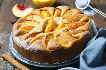 Peach Pie over Wooden Background, Homemade Bakery