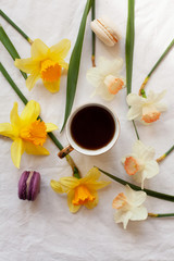 Fototapeta na wymiar White cup with black tea or coffee on a table surrounded by fresh white and yellow narcissuses and macaroons. Fat lay with drink and spring flowers, enjoying a coffee break. Female floral theme