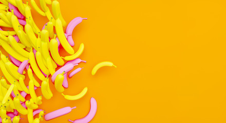 Ripe bananas on yellow background. Frame fruit border for bright advertising. Promotion banana brand juice company. Tropical creative poster - 3d render illustration. Juicy yellow pink trendy banner. 