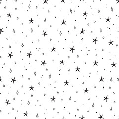 Vector Holiday or Birthday Seamless Pattern with Hand Drawn Doodle Stars. Starry Space Sky Vector Festive Background