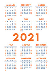 Calendar 2021 year. Vector pocket or wall calender template. Simple design. Week starts on Sunday