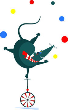Equilibrist rat or mouse rides on the unicycle and juggles the balls illustration. Funny rat or mouse balances on one leg on the unicycle head over heels and juggles the balls isolated on white 