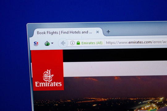 Ryazan, Russia - June 26, 2018: Homepage of Emirates website on the display of PC. URL - Emirates.com.