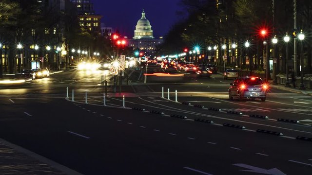 Streaked lights going towards US Capitol in Washington DC.