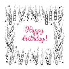 Happy Birthday Greeting card template. Hand drawn Calligraphic Lettering and Doodle Burning Patterned Birthday Candles with Smoke Square Frame. Vector Illustration