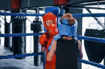 Two boys in protective equipment have sparring and fighting on the boxing ring