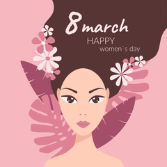 Girl with tropical leaves, flowers in her hair on a pink background, vector flat illustration. March 8 greeting card with text. Happy Women's day concept