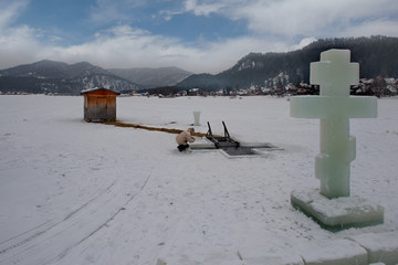 Russia. Mountain Altai near the village of Artybash. Epiphany bathing is a folk tradition that...