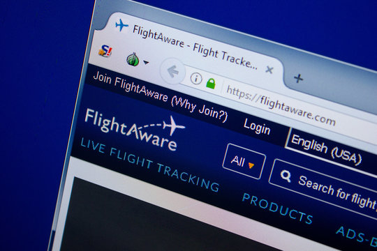 Ryazan, Russia - June 26, 2018: Homepage of FlightAware website on the display of PC. URL - FlightAware.com.