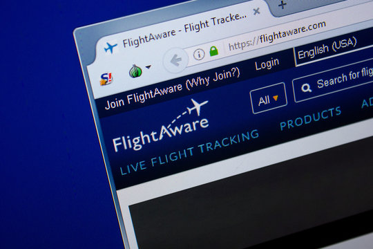 Ryazan, Russia - June 26, 2018: Homepage of FlightAware website on the display of PC. URL - FlightAware.com.