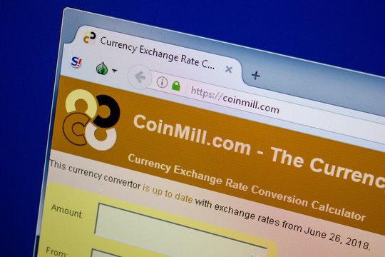 Ryazan, Russia - June 26, 2018: Homepage of CoinMill website on the display of PC. URL - CoinMill.com.