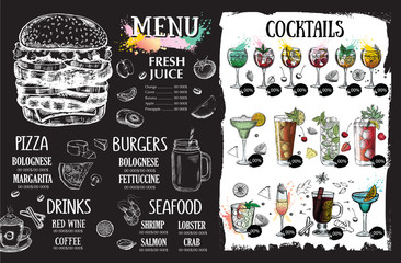 Menu restaurant brochure. Template design. Alcoholic cocktails sketch, food flyer. Нand drawn illustrations.