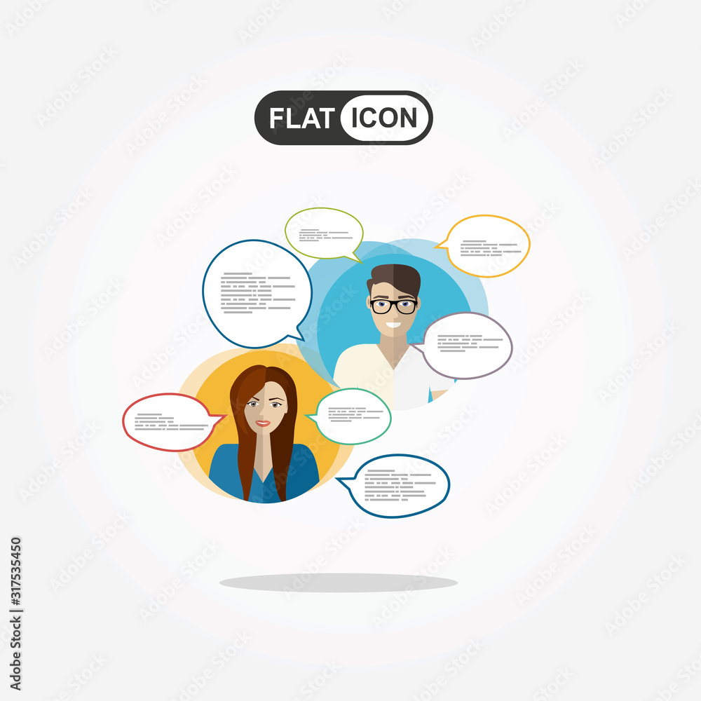 Poster yong happy people in circles with speech bubbles flat vector illustration of people using mobile mes