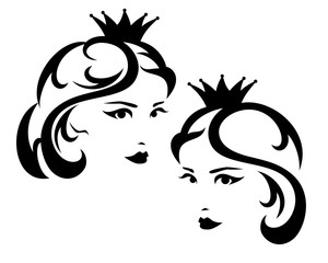 beautiful elegant woman wearing royal crown - princess or queen black and white vector outline portrait