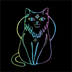 Neon illustration of a cat that sits calmly with a star in the forehead and the moon on the background.