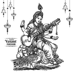 Beautiful Goddess of Wisdom, music, art and knowledge Maa Saraswati sketch illustration on the indian festival background vasant panchami.