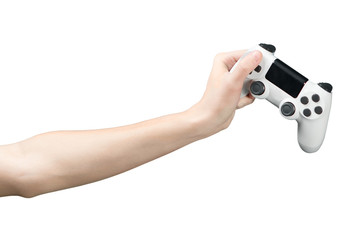 teenage hand holds a modified joystick in the hand without inscriptions from the game console