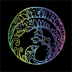 Color illustration of a bird inscribed in a circle in vintage style. Bird and plant motifs. The idea for a tattoo.