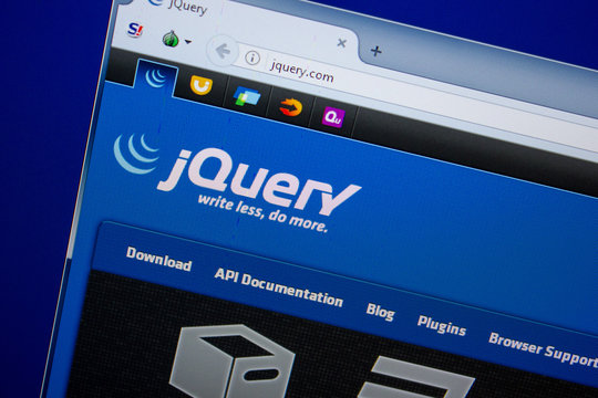 Ryazan, Russia - June 26, 2018: Homepage of jQuery website on the display of PC. URL - jQuery.com.