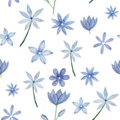 Fototapeta na wymiar Watercolor seamless pattern with blue flowers. Spring background