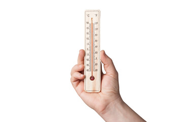 Hand holds a thermometer on a white background