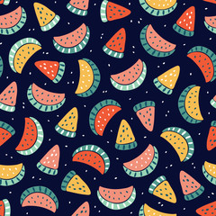 Fruit Background with Watermelons. Abstract Seamless Pattern with Watermelon Slices. Colorful Tropical Fruits Wallpaper. Healthy Summer Food Background