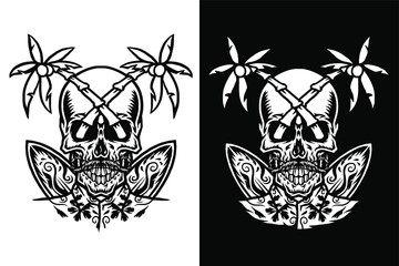 Skull summer beach t-shirt graphic design, isolated on dark and bright background