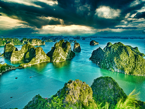 beautiful green limestone mountains in halon bay