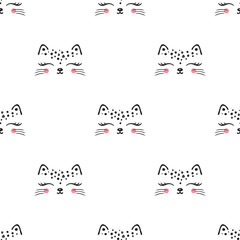 Little cute leopard cat Seamless Pattern for kids. Doodle kitten face. Cat head. Cartoon Animal Vector illustration in Scandinavian style