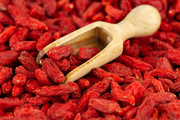 Scoop with dried goji berries in close-up, selective focus