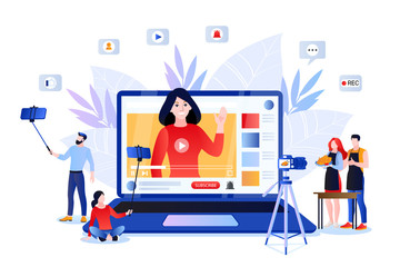 Vlog and video content creation for social networks. Vector illustration of lifestyle bloggers and influencers