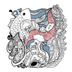 vector illustration of fish with marine elements jellyfish algae and shells