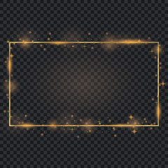  Vector golden frame with glow effect. Neon rectangle frame and glitter effect