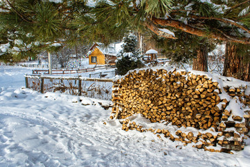 Woodpile under the snowed pines in the village in winter