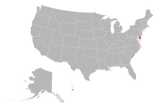 Delaware highlighted on USA political map. Gray background.
