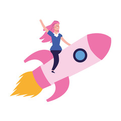 happy woman on pink rocket icon, colorful design