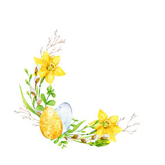 Spring watercolor wreaths. Narcissus illustration. Blossom yellow flowers, easter eggs, willow branches on the white background. Decorative wreath and border for easter design, wedding invitation.