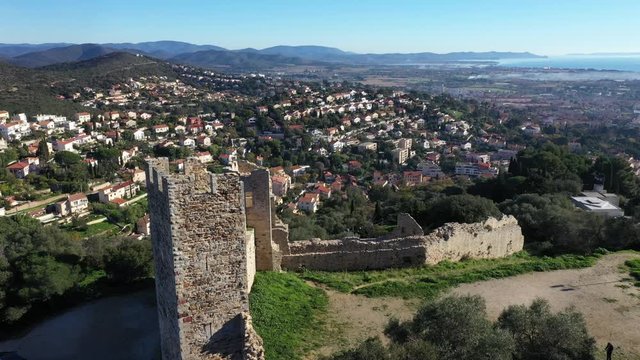 Aerial view of hill of Casteou, Castle of Hyeres (XIe), classified Historical Monument